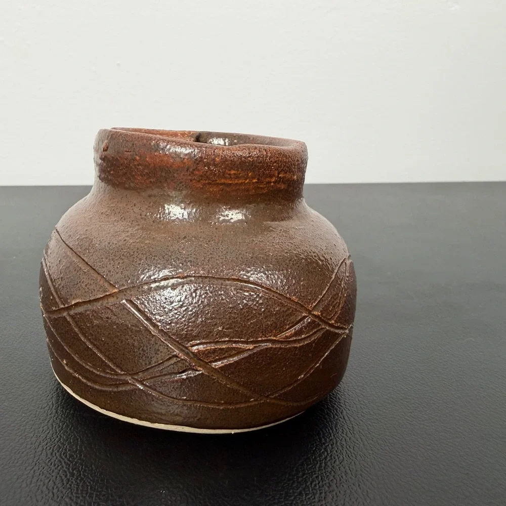 Studio Pottery Handcrafted Brown Glazed Spouted Vessel Signed GL Rustic Decor